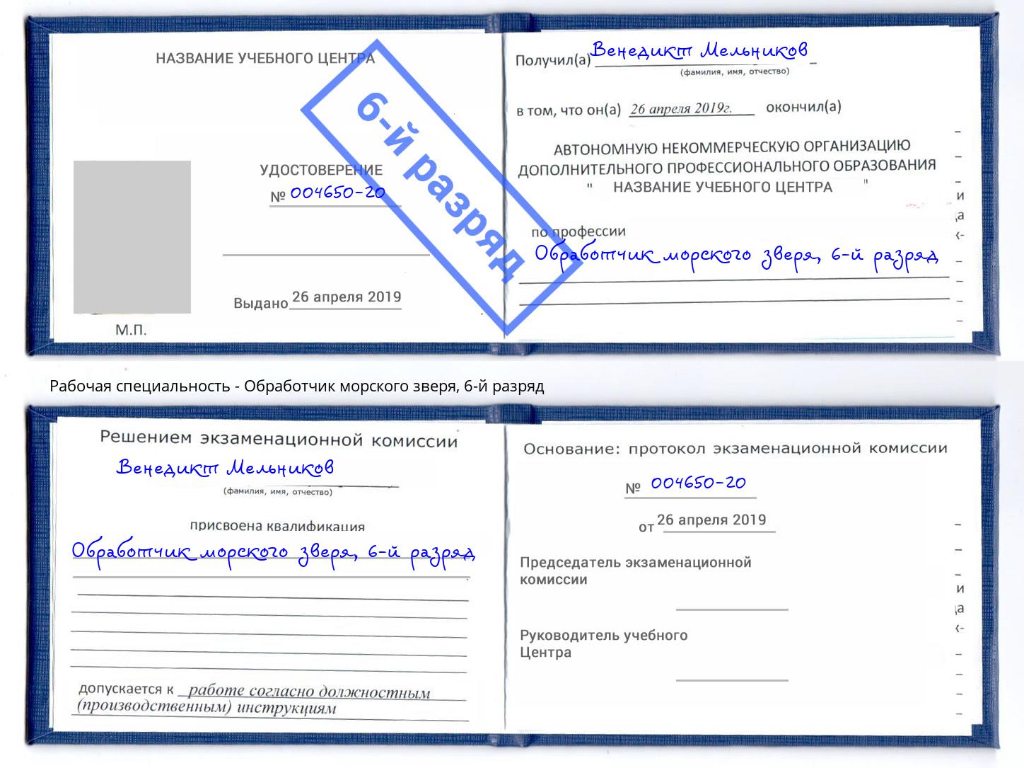 корочка 6-й разряд Обработчик морского зверя Вольск