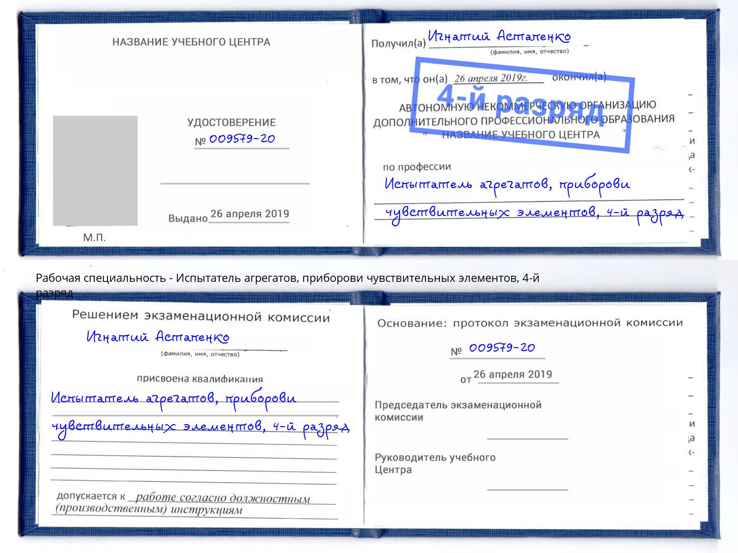 корочка 4-й разряд Испытатель агрегатов, приборови чувствительных элементов Вольск