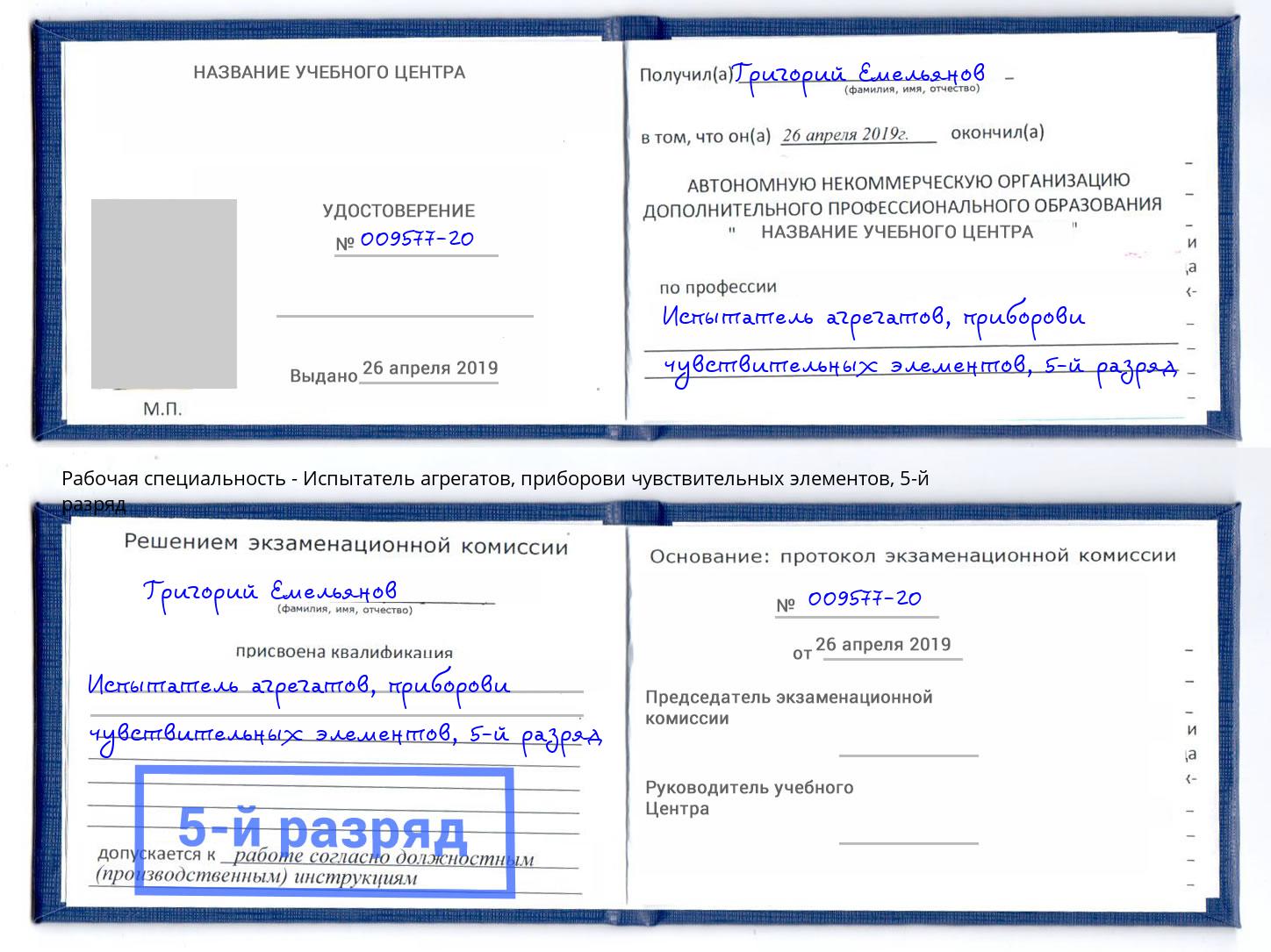 корочка 5-й разряд Испытатель агрегатов, приборови чувствительных элементов Вольск