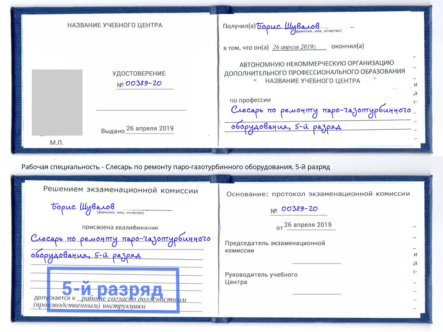 корочка 5-й разряд Слесарь по ремонту паро-газотурбинного оборудования Вольск