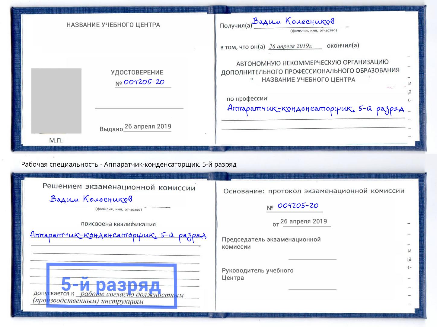 корочка 5-й разряд Аппаратчик-конденсаторщик Вольск