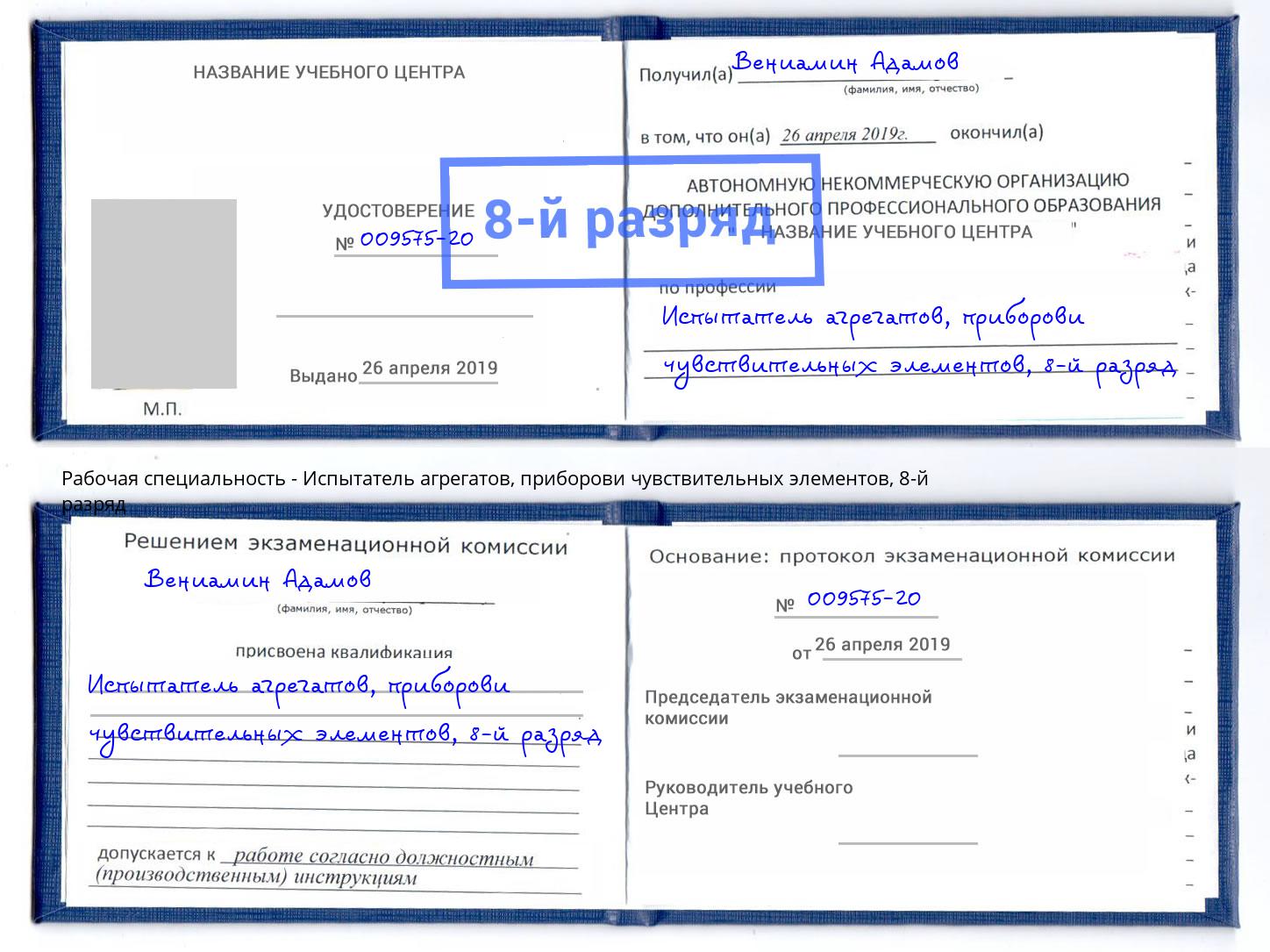 корочка 8-й разряд Испытатель агрегатов, приборови чувствительных элементов Вольск